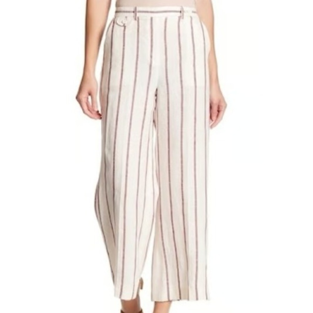 Theory Linen Wide Leg Trouser 4 Cream Burgundy Striped Summer Coastal Vacation